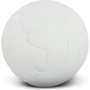 A white netball featuring a classic textured design and a round shape, with a branding logo visible.