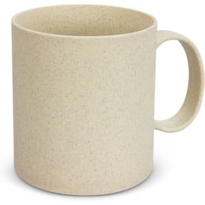 A coffee mug in a speckled beige colour with a sturdy handle. The mug features a logo on one side.