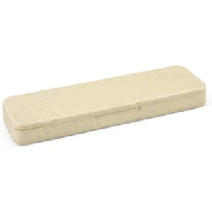 A beige pencil case made from textured material, featuring a simple design and a lid that closes securely.