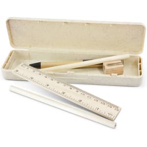 A pencil case in a natural beige colour containing a wooden pencil, a sharpener, a ruler, and a white tube.
