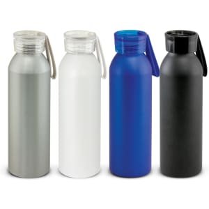 A drink bottle collection featuring silver, white, blue, and black variants, each with a screw-on lid and carrying handle.