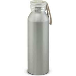 A drink bottle in a sleek silver finish, featuring a plastic lid with a handle and a branding logo.