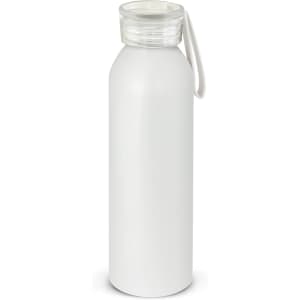 A drink bottle in a sleek white design with a clear cap and a removable strap. It features a logo on the side.