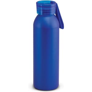 A drink bottle in a deep blue colour with a transparent blue lid and a built-in handle. It features a logo.