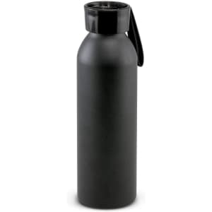 A drink bottle in matte black, featuring a top lid and an attached handle. It has a logo on the front.