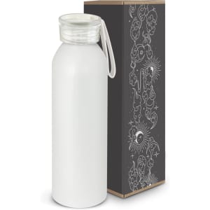A drink bottle in white with a clear lid and a carrying strap, presented in an illustrated black box.