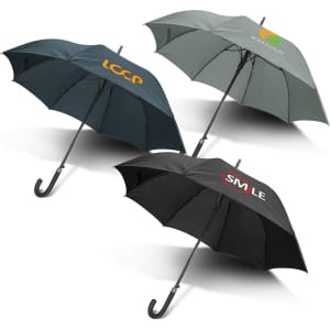 A collection of three umbrellas in black, green, and dark teal, each featuring a different logo.