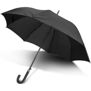 A black umbrella with a curved handle and a sturdy canopy. It features a logo on the handle.