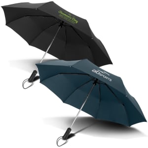 A compact umbrella in black and teal, featuring a logo on each canopy.