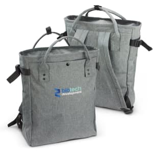 A grey backpack with adjustable straps and handles, featuring a logo on the front.