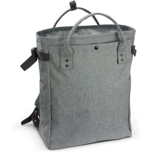 A grey tote backpack with handles, adjustable straps, and a textured fabric design. It features a logo on the front.