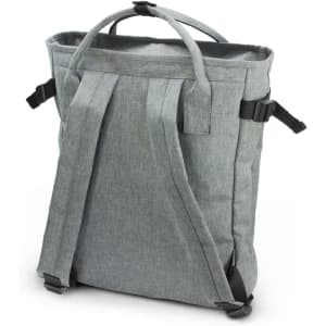 A grey tote backpack with adjustable straps and a top handle. The fabric has a textured appearance and includes a logo.