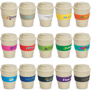 A drink bottle collection featuring various designs of the Express Cup Classic in natural colour with different branding.