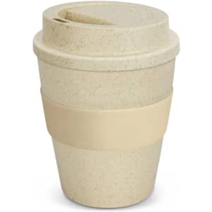 A drink bottle in natural colour with a beige silicone band and a lid, featuring a logo.