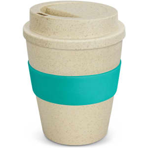 A drink bottle with a natural coloured body and a teal silicone sleeve, featuring a lid and a straw opening.
