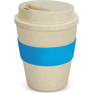 A drink bottle in a natural colour with a blue silicone band and a lid, resembling a classic takeaway coffee cup.