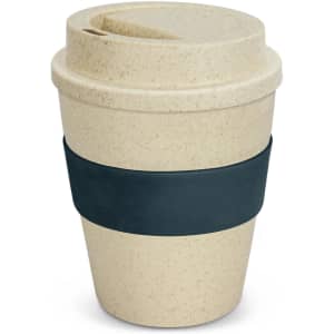 A drink bottle featuring a natural beige finish with a dark navy silicone sleeve and a lid. It has a logo.
