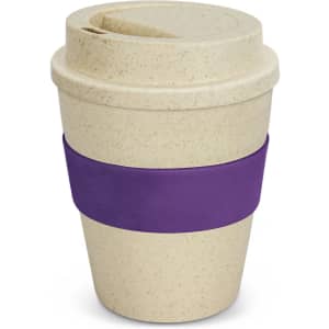 A drink bottle with a natural beige finish and a purple silicone band, featuring a lid and a textured design.