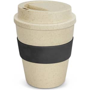 A drink bottle in a natural beige colour with a black silicone band and a lid, featuring a logo.