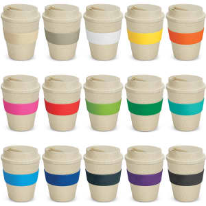 A range of reusable cups in natural colour with various coloured silicone bands. Each cup has a lid and a logo.