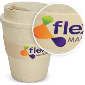 A drink bottle styled as a cup in natural hues, featuring a silicone band and a logo. Holds 350ml.