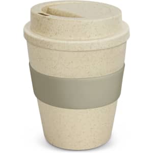 A drink bottle in natural beige with a grey silicone band and a lid, featuring a logo.