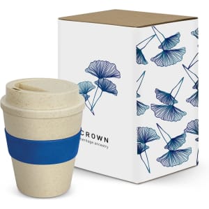 A drink bottle with a natural finish and a blue band, next to a decorative box featuring floral designs.