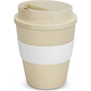 A drink bottle styled like a takeaway cup, in natural speckled tones with a white grip band. It features a lid.