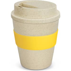 A drink bottle resembling a coffee cup, in natural tones with a yellow silicone band and lid. Features a logo.