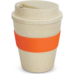 A drink bottle in a tan colour with a textured finish and an orange silicone band. It features a lid with a drinking slot.