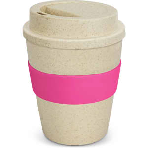 A drink bottle in natural colour with a pink silicone band and a lid, designed for hot beverages.