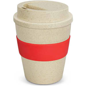 A drink bottle resembling a takeaway cup, featuring a natural finish with a red silicone band.