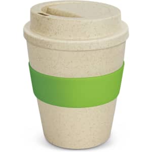 A drink bottle in a natural colour with a green silicone band and a lid opening for sipping. It has a branded logo.