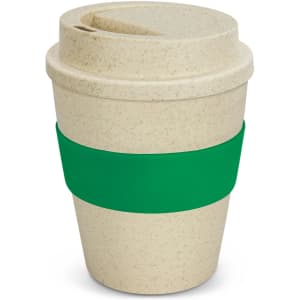 A drink bottle in a natural colour with a green silicone band and a secure lid. Features a logo.