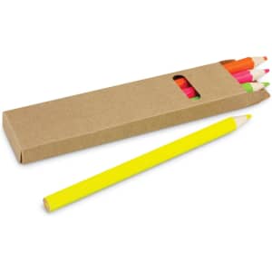 A pack of highlighter pencils in vibrant colours, including yellow, orange, green, and pink, housed in a cardboard box.