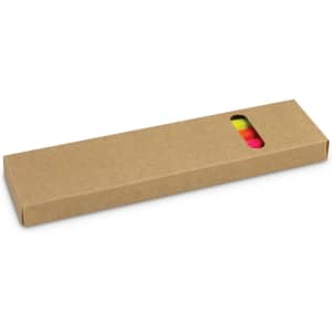 A highlighter pencil pack in a cardboard box, featuring pink, yellow, and green highlighters. The box has a viewing window.