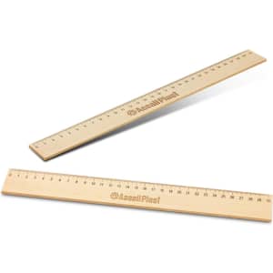 A wooden 30cm ruler with measurement markings and a logo, showcasing a light natural wood colour.