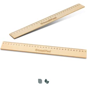 A wooden 30cm ruler featuring measurement markings, with a logo. The ruler has a light natural wood finish.