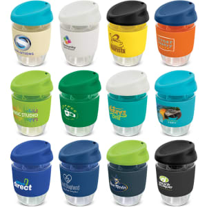 A drink bottle collection featuring various colours and designs, each with a branded logo and a secure lid.