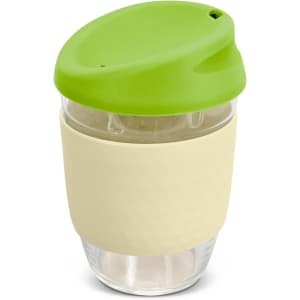 A drink bottle with a borosilicate glass body, cream-coloured silicone sleeve, and a green lid.