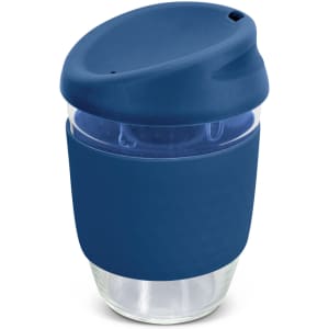 A drink bottle featuring a blue silicone sleeve and lid, made of clear borosilicate glass, with a brand logo.