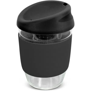 A drink bottle made of clear borosilicate glass with a black silicone sleeve and lid, featuring a sleek design.