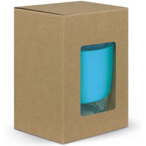 A drink bottle in a transparent box, featuring a blue borosilicate glass design. The packaging is brown and plain.