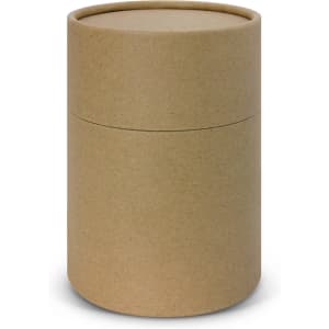A cylindrical cardboard packaging in a brown kraft colour, featuring a removable lid.