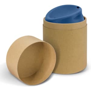 A drink bottle in a blue hue, displayed with a brown cardboard container. The container is partially open.