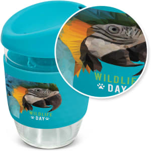 A drink bottle featuring a borosilicate glass design with a blue silicone sleeve and a colourful wildlife graphic.
