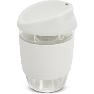 A drink bottle made of clear borosilicate glass with a white silicone sleeve and lid, featuring a logo.