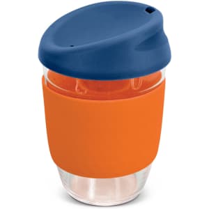 A drink bottle made of borosilicate glass with an orange silicone sleeve and a blue lid. Features a logo.
