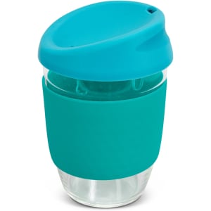 A drink bottle featuring a clear borosilicate glass body with a teal silicone sleeve and lid. It has a logo.
