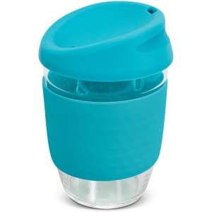 A drink bottle made of borosilicate glass with a turquoise silicone lid and sleeve. It has a branding logo.